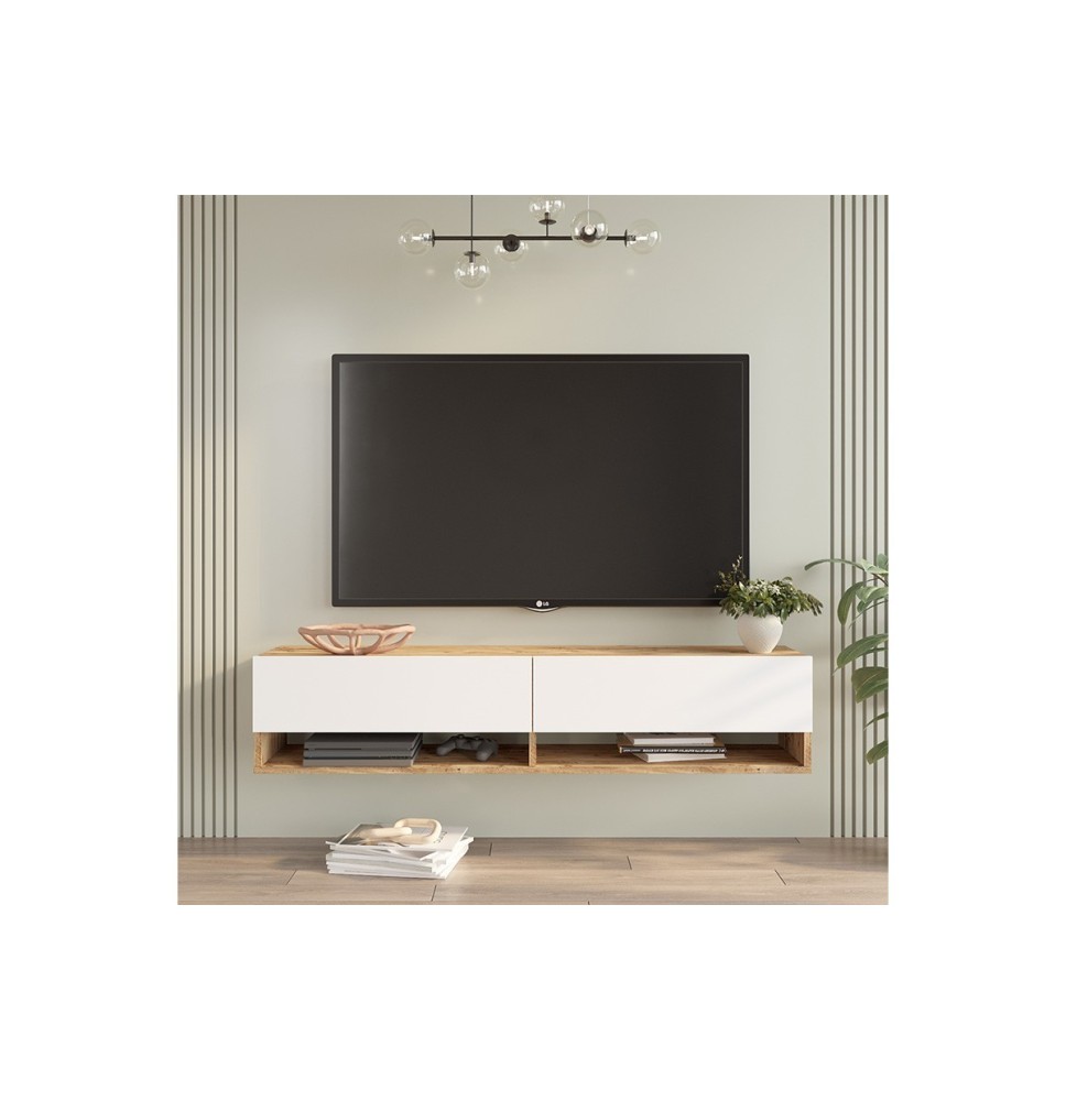 Mueble TV de Pared Color Blanco-Roble 140x31.6x29.6 cm - 2 Puertas - Estilo Moderno y Funcional.