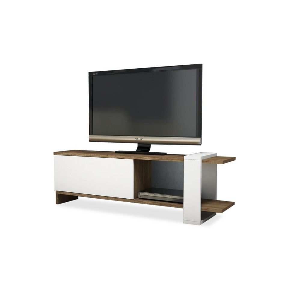 Mueble TV con Diseño Moderno, 1 Puerta y Estantes en Blanco-Nogal - 120x25x37cm: Funcionalidad y Estilo para tu Sala